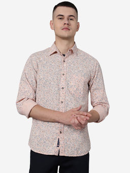 Greenfibre - Men Peach Cotton Slim Fit Printed Semi Casual Shirt