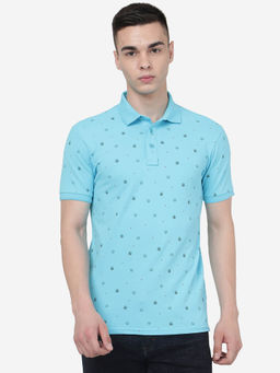 JadeBlue - Men Button Blue Cotton Slim Fit Printed Polo T-Shirt