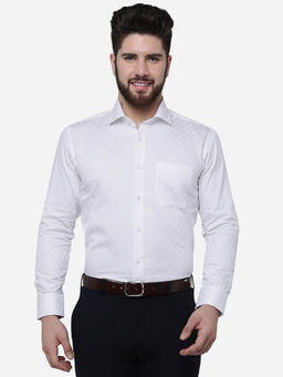 Greenfibre - Men White Cotton Blend Slim Fit Patterned Formal Shirt