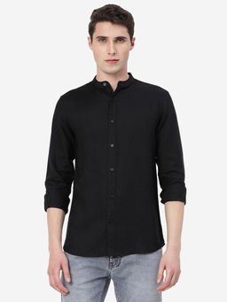 JadeBlue - Men Black Linen Slim Fit Solid Semi Casual Shirt