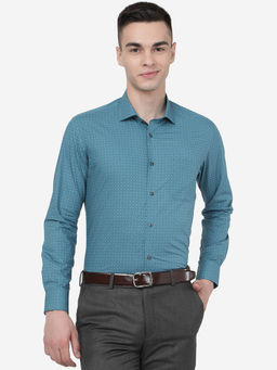 Greenfibre - Men Mist Blue Cotton Blend Slim Fit Printed Formal Shirt