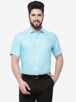 JadeBlue - Men Mint Blue Linen Regular Fit Solid Formal Shirt