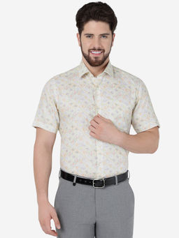JadeBlue - Men Yellow Linen Regular Fit Printed Formal Shirt