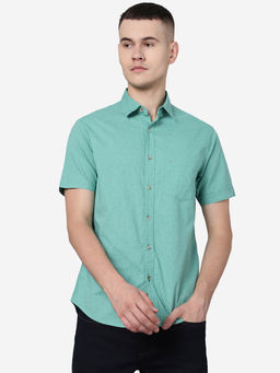 Greenfibre - Men Marine Green Cotton Slim Fit Printed Semi Casual Shirt