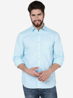 JadeBlue - Men Solid Capri Blue Cotton Slim Fit Semi Casual Shirt