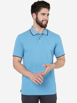 Greenfibre - Men Blue Melange Cotton Blend Slim Fit Solid Polo T-Shirt