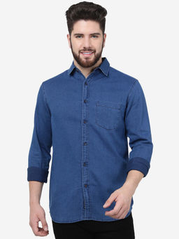 JadeBlue - Men Indigo Blue Cotton Slim Fit Solid Semi Casual Shirt