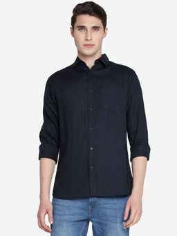 JadeBlue - Men Navy Blue Linen Slim Fit Solid Semi Casual Shirt