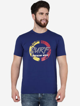 JadeBlue - Men Printed Blue Cotton Slim Fit T-Shirt