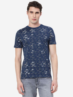 Greenfibre - Men Dark Blue Cotton Blend Slim Fit Printed T-Shirt