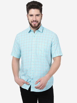 Greenfibre - Men Aqua Blue Cotton Smart Fit Checked Casual Shirt