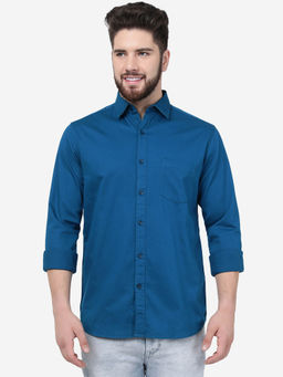 JadeBlue - Men Turquoise Blue Cotton Slim Fit Solid Semi Casual Shirt