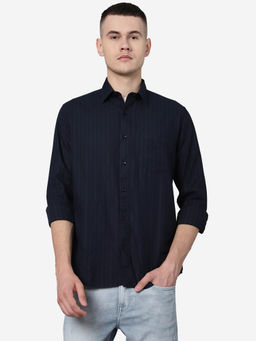 Greenfibre - Men Navy Blue Cotton Regular Fit Striped Casual Shirt