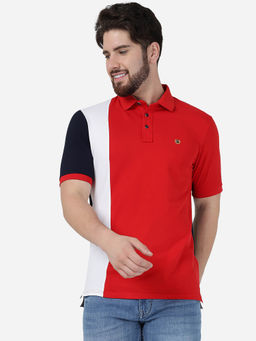 JadeBlue - Men Red Cotton Slim Fit Colorblock Polo T-Shirt
