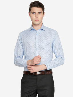 Greenfibre - Men Sky Blue Cotton Blend Slim Fit Printed Formal Shirt
