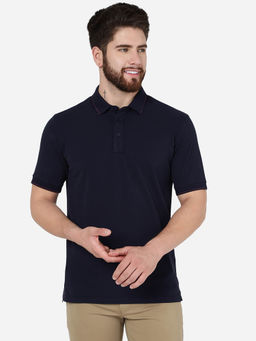 JadeBlue - Men Navy Blue Cotton Slim Fit Solid Polo T-Shirt