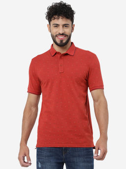 JadeBlue - Men Red Cotton Slim Fit Printed Polo T-Shirt