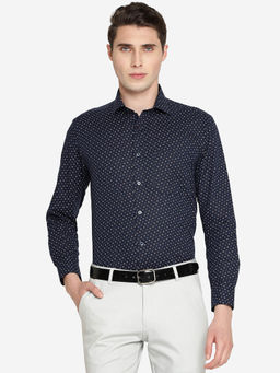 Greenfibre - Men Navy Blue Cotton Blend Slim Fit Printed Formal Shirt
