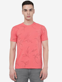 JadeBlue - Men Coral Pink Brown Cotton Slim Fit Printed T-Shirt