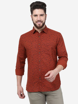 Greenfibre - Men Rust Cotton Slim Fit Printed Semi Casual Shirt