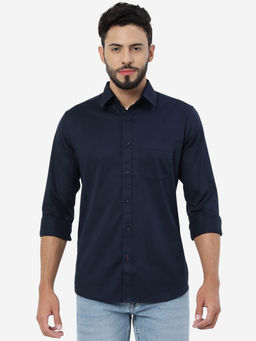 JadeBlue - Men Navy Blue Cotton Slim Fit Solid Semi Casual Shirt