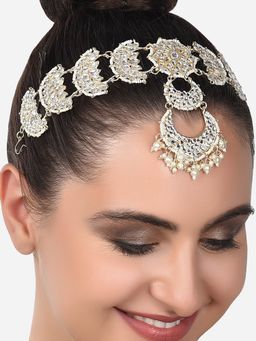 Zaveri Pearls - Gold Tone Kundan & Pearls Crescent Bridal Head Chain-ZPFK14499