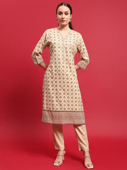 INDIESSENCE - Women Beige Liva Printed Kurta with Pant (Set of 2)