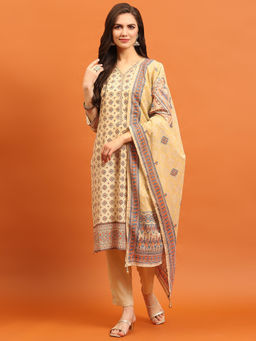 INDIESSENCE - Women Beige Liva Printed Kurta with Pant and Dupatta (Set of 3)