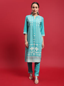 INDIESSENCE - Women Turquoise Liva Printed Kurta with Pant (Set of 2)