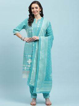 INDIESSENCE - Women Turquoise Liva Printed Kurta with Pant and Dupatta (Set of 3)