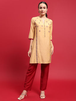 INDIESSENCE - Women Beige Poly Silk Embroidered Kurta with Pant (Set of 2)