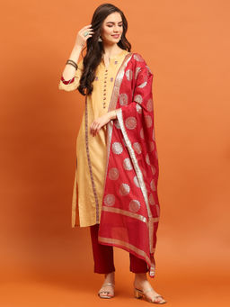 INDIESSENCE - Women Beige Poly Silk Embroidered Kurta with Pant and Dupatta (Set of 3)