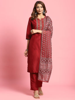 INDIESSENCE - Women Maroon Polyviscose Embroidered Kurta with Pant and Dupatta (Set of 3)