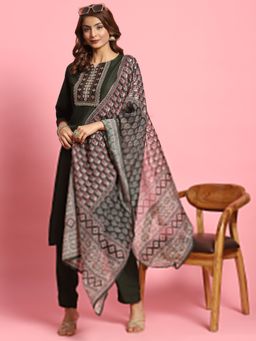 INDIESSENCE - Women Olive Polyviscose Embroidered Kurta with Pant and Dupatta (Set of 3)