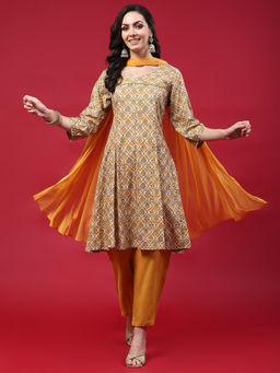 INDIESSENCE - Women Beige Liva Floral Kurta with Pant and Dupatta (Set of 3)