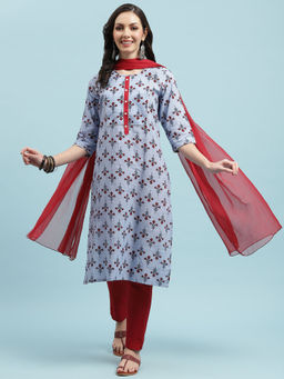 INDIESSENCE - Women Blue Dobby Floral Kurta with Pant and Dupatta (Set of 3)