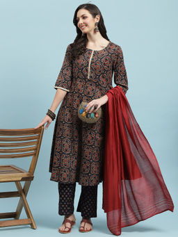 INDIESSENCE - Women Blue Liva Floral Kurta with Pant and Dupatta (Set of 3)