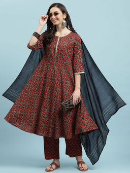 INDIESSENCE - Women Red Liva Floral Kurta with Pant and Dupatta (Set of 3)