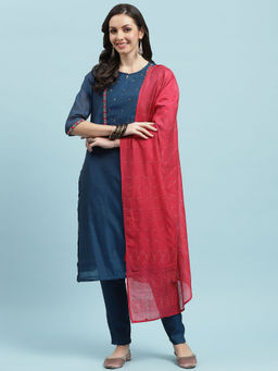 INDIESSENCE - Women Blue Chanderi Embroidered Kurta with Pant and Dupatta (Set of 3)