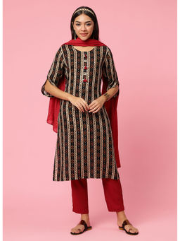 INDIESSENCE - Women Black Liva Floral Kurta with Pant and Dupatta (Set of 3)