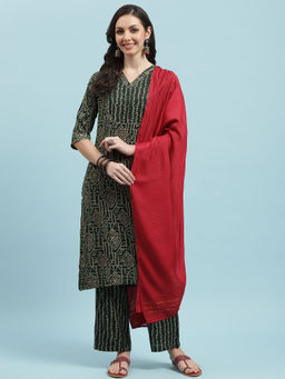 INDIESSENCE - Women Green Liva Printed Kurta with Pant and Dupatta (Set of 3)