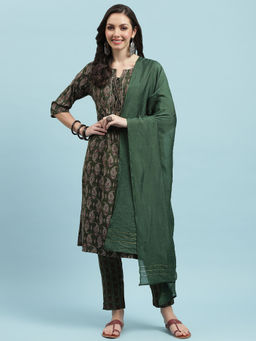 INDIESSENCE - Women Green Liva Paisley Kurta with Pant and Dupatta (Set of 3)