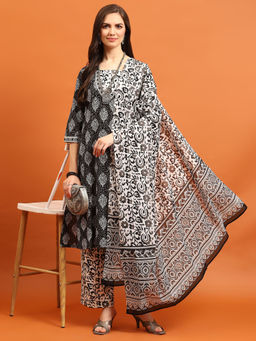 INDIESSENCE - Women Black Cambric Floral Kurta with Pant and Dupatta (Set of 3)