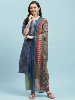INDIESSENCE - Women Blue Cotton Floral Kurta with Pant and Dupatta (Set of 3)