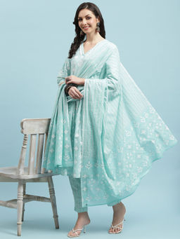 INDIESSENCE - Women Turquoise Cambric Geometric Kurta with Pant and Dupatta (Set of 3)