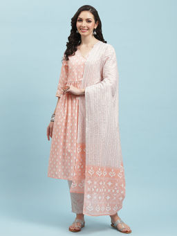INDIESSENCE - Women Peach Cambric Geometric Kurta with Pant and Dupatta (Set of 3)