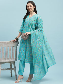 INDIESSENCE - Women Turquoise Cambric Floral Kurta with Pant and Dupatta (Set of 3)