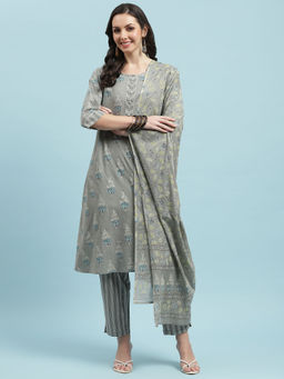 INDIESSENCE - Women Grey Cambric Floral Kurta with Pant and Dupatta (Set of 3)