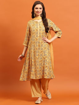 INDIESSENCE - Women Yellow Muslin Floral Kurta with Pant and Dupatta (Set of 3)