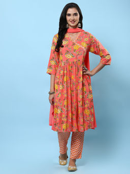 INDIESSENCE - Women Peach Liva Floral Kurta with Pant and Dupatta (Set of 3)